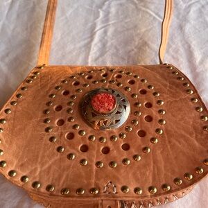 Tan Leather Crossbody Bag with Stud and Red Accent